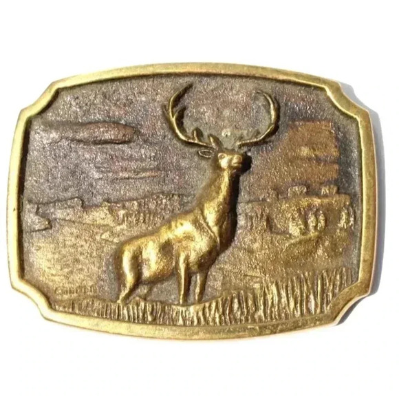 Vtg Hertiage 1970s REGISTERED COLLECTION BRASS DEER ELK IN NATURE BELT BUCKLE - Picture 1 of 2